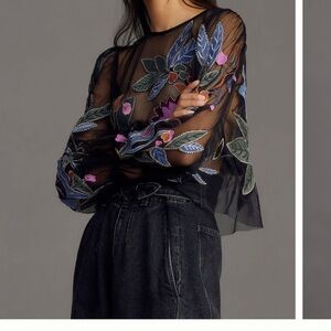 Anthropologie Embroidered Sheer Black Top
